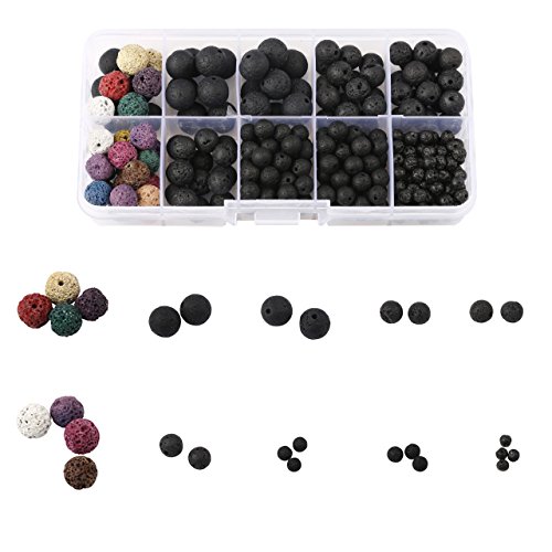 Lava Bead Kit, 300 Black Colored Loose Volcanic Lava Rock Stone Beads Balls Kit | 21 Chakra Beads | 2 Crystal Strings Set Real Natuaral Bulk Wholesale for Essential Oil Jewelry Making by Afantti - Thumbnail 2