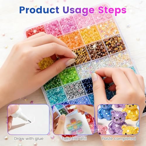 Resin Jelly Rhinestones Kit for Bedazzling - 32,000pcs 3mm DIY Bulk Resin Gems Set with 3 Glues, Pickup Pen & Tweezers for Crafting, Nail Art, Tumblers, Shoes and Clothing Embellishments (24)