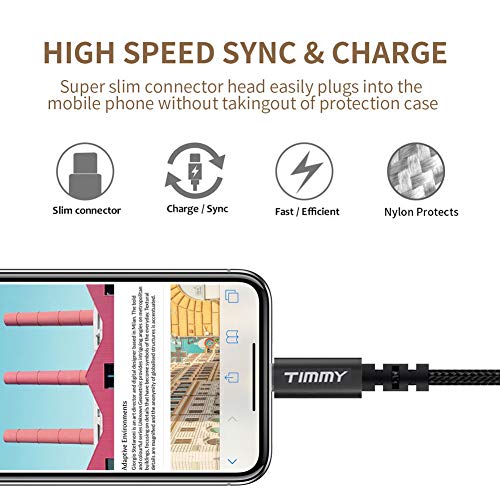 TIMMY Phone Charger 6FT 4 Pack Nylon Braided Long USB Fast Syncing&Charging Data transfer Adapter Cord Compatible iPhone Xs/Max/XR/X/8/8Plus/7/7Plus/6S/6S Plus/SE/iPad and More(Black) - Thumbnail 4