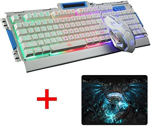 UrChoiceLtd® Keyboard Mouse Combos,Wired RGB LED Backlit Multimedia Ergonomic Usb Gaming Keyboard Metal Waterproof + 3200DPI 6 Button Backlit Optical Gaming Mouse + Mouse Pad For Laptop PC (Silver)