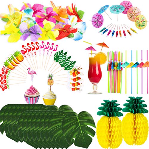 148 Pieces Hawaiian Jungle Party Decoration Set Luau Party Supplies Decor Tropical Palm Leaves, Silk Hibiscus Flowers, Tissue Paper Pineapples, Cupcake Toppers, Paper Cocktail Umbrella,Umbrella Straws by YLIANG - Thumbnail 7