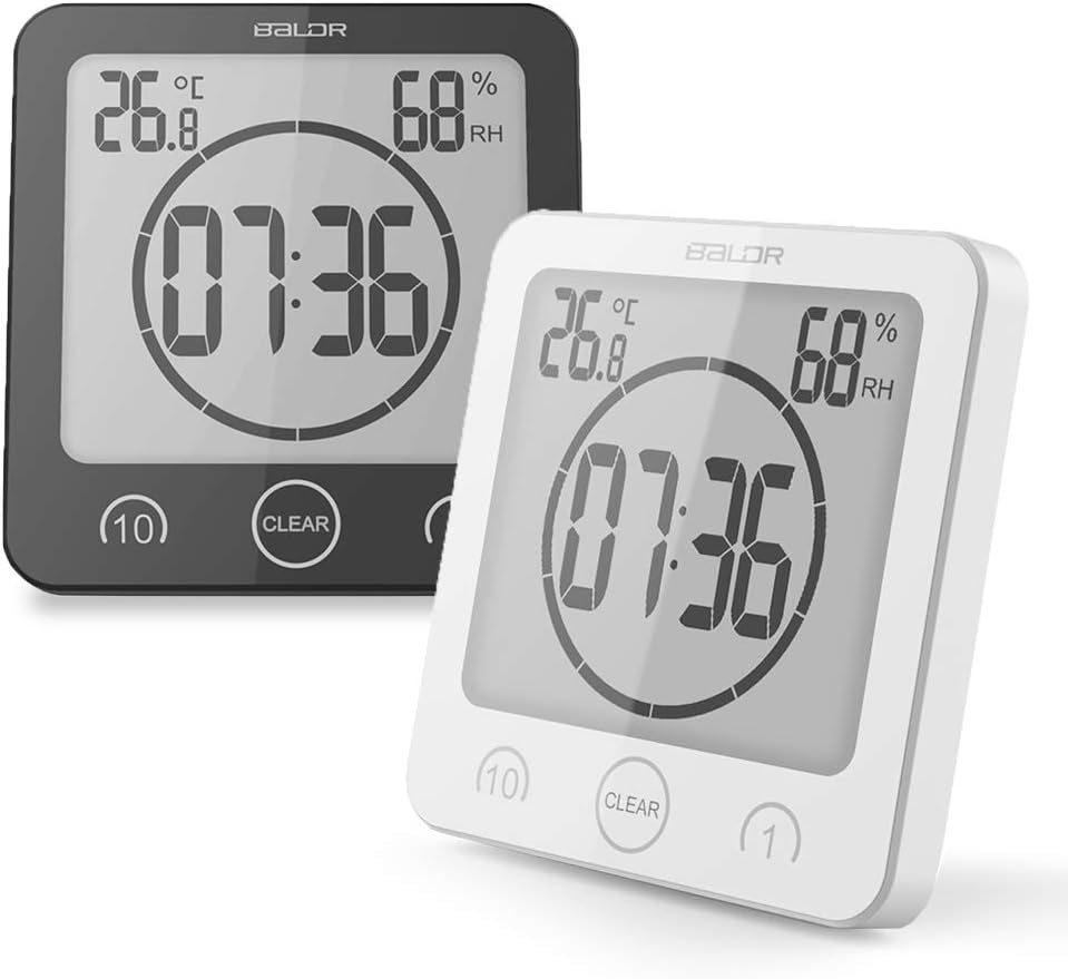 BALDR LCD Waterproof Timer Shower Clock Bathroom Clock Wall Mounted, Displays Time, Temperature, and Indoor Relative Humidity (Black/White)