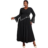AOMEI Womens Beaded Bell Long Sleeve V Neck Casual Dress High Waist A-Line Pleated Hem Maxi Fall Dresses