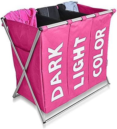 LOHOME 3 Section Laundry Basket Bag - 3 Bag Laundry Sorter Fabric Foldable Laundry Hamper With Alloy Frame Oxford fabric 24 x 22.4 x 15 inch (PInk)
