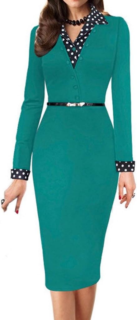 Minetom Women's Polka Dot Contrast Long Sleeve Work Cocktail Party Bodycon Pencil Dress With Belt