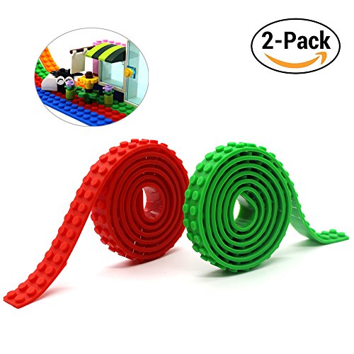 Reusable Silicone Self-Adhesive Building Block Tape, Compatible With Lego Collection Construction, Educational Inspire Imagination Toys, 2 studs (Green+Red)