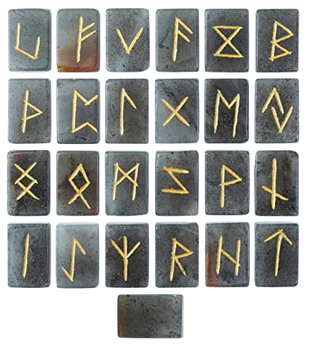 Crocon® Grey aventurine Rectangle Shape Gemstone Runes with Elder Futhark Alphabet Engraved 25 pcs Rune Set Crystal Divination Metaphysical Healing Chakra Reiki Runes Set with a Pouch Size : 20-25mm