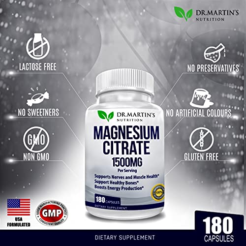 Potent Magnesium Citrate 1500mg 180 Capsules Fast Absorption