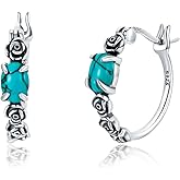 LELOUCHY Sunflower/Rose/Feather/Cross/Butterfly Turquoise Hoop Earrings 925 Sterling Silver Vintage Green Turquoise Hoop Earrings for Women Gifts