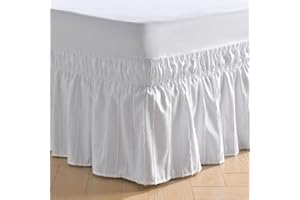 MIYE Striped Tufted Bed Skirt - Wrap Around Dust Ruffle with Elastic Belts - 15 Inch Drop Easy to Put On - Bedskirt Machine Washable ＆ Wrinkle Resistant(Striped/White, King/Queen-15 Drop)