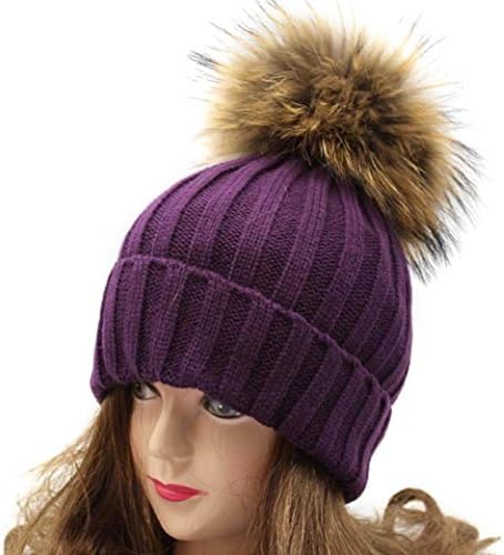 Chen Han Real Raccoon Fur Hat Warm Wool Winter Hat With Genuine Fur Pompom Women Knit Bobble Ski Hat Cap With Fur Ball Top (purple)