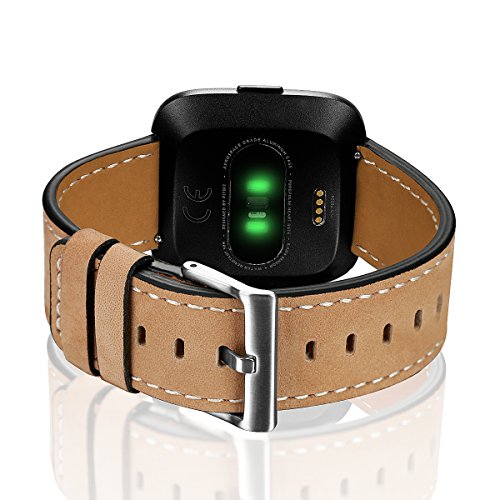Leather Band for Fitbit Versa, UNEXTATI Genuine Leather Watch Replacement Strap with Metal Buckle, Fitbit Versa Wristband Accessories - Apricot