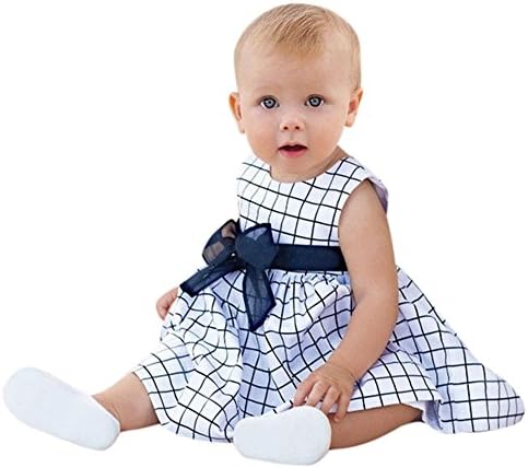 Dinlong Baby Girls Sleeveless Plaid Vest Bowknot Pockets Sundress Party Dress