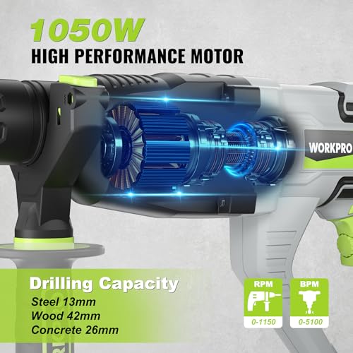 WORKPRO SDS Plus 1050W Hammer Drill with 4 Functions, Variable Speed and 360° Rotating Handle, Includes Drill Bits for Concrete, Wood and Metal