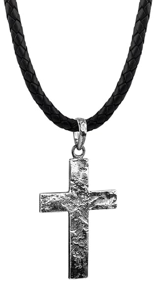 kuzzoi Männer Lederhalskette mit Kreuz Anhänger aus massiven 925 Sterling Silber, Kette aus geflochtenem Rinderleder in schwa