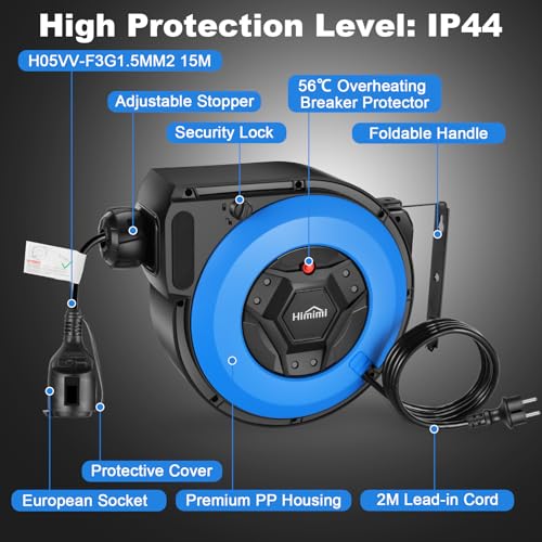 Himimi Automatic Electric Cable Reel with Stand 15 m + 2 m, 1500 W ~ 3000 W Automatic Cable Drum, Extension 180° Swivel, Wall Mounting, Suspended, Protection Degree IP44