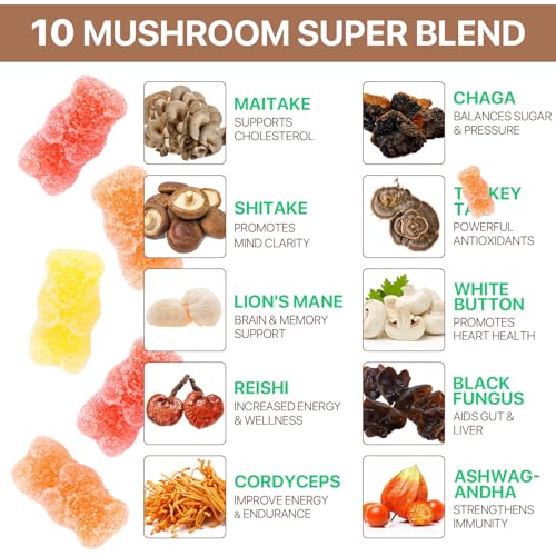 Mushroom Gummies, 80 Count Mushroom Supplement Gummies with Ashwagandha, Lion's Mane, Reishi & Chaga - All in One 2500mg Functional Mushrooms Support Immunity & Energy, Boost Vitality Overall Health