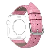 TOROTOP Pink Genuine Leather Crocodile Pattern Watch Band Replacement Strap for Apple Watch 38mm Model with Silver Deployment Clasp