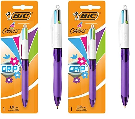 Bic 4 Couleurs Grip Stylo-Bille Rétractable Pointe Moyenne (1,0 mm) - Encres Fantaisie, Blister de 1 (Lot de 2)