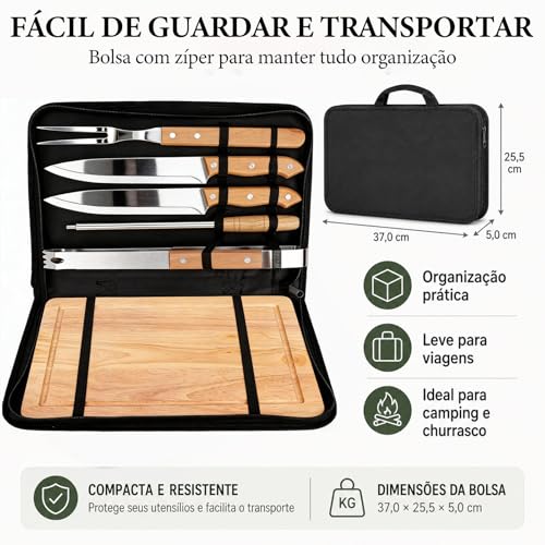 Jogo de Churrasco Tradicional 6 Peças, Kit Churrasco com Tabua, Faca Churrasco, Garfo Trinchante, Pegador para Carne e Afiador, Laminas em Aço Inox, com Bolsa Portátil, Ideal para Camping e Viagens