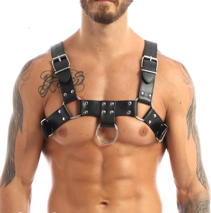 Plusupon Men PU Leather Body Chest Harness Adjustable Body Chest Harness with Buckle Strap, Men's Cross Back Body Chest Harness for Club Wear Christmas Costume Black