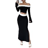 WDIRARA Women's 2 Piece Split Fishtail Skirt Set Monochrome Off Shoulder Top Outfit