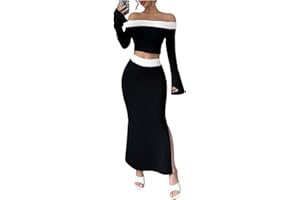 WDIRARA Women's 2 Piece Split Fishtail Skirt Set Monochrome Off Shoulder Top Outfit