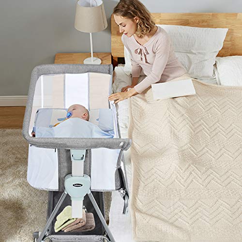 INFANS Baby Bedside Crib, Newborn Sleeper w/ Large Storage Basket, Adjustable Heights