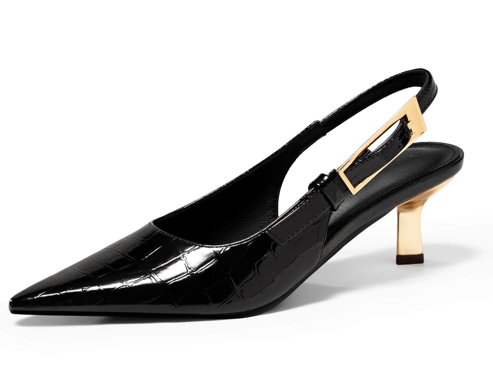 Photo 1 of Coutgo Womens Slingback Kitten Heels Closed Pointed Toe Pumps Buckle Strap Wedding Party Dress Shoes, Black Croc, Size 9