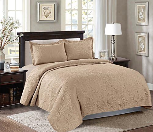 Maiija 3 Piece Embossed Floral Pattern Oversized Bedspread Coverlet 106x100 (Queen, Taupe)