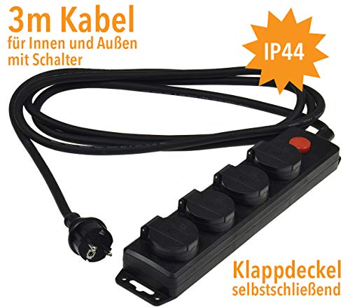 ChiliTec 4-Fach Steckdosenleiste Aussensteckdose mit Schalter I Schutzkontaktsteckdosen mit Klappdeckeln, 3 m Kabel… – Bild 3