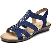 VJH confort Women's Comfort Flat Sandals Summer,with Rhinestone Open Toe Elastic Slip On Slingback Casual Walking Low Heele Sandals