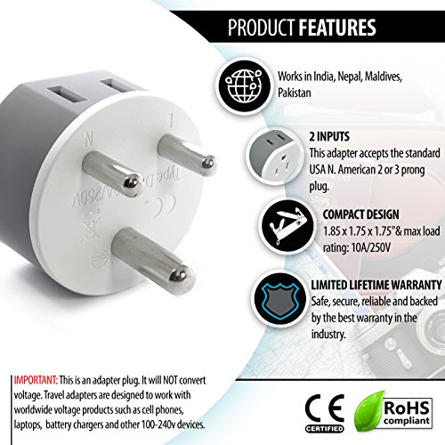 India, Nepal, Maldives Power Plug Adapter by OREI with 2 USA Inputs Travel 3 Pack Type D (US