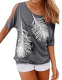 Lovaru Women's O Neck Feather Print Shirt Casual Cutout Sleeve Top Blouse, Grey, Small