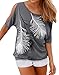 Lovaru Women's O Neck Feather Print Shirt Casual Cutout Sleeve Top Blouse