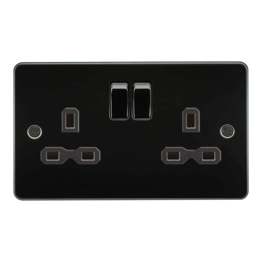 Flat Plate 13A 2G DP Switched Socket - Gunmetal with Black Insert