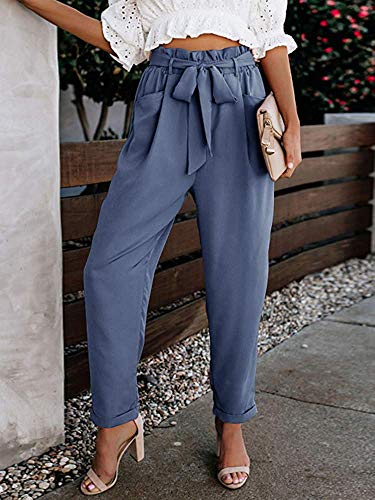 NEWFANGLE Women Paper Bag Pants Elastic High Waist Slim Casual Long Pants Cropped with Pockets,Gray Blue,XL