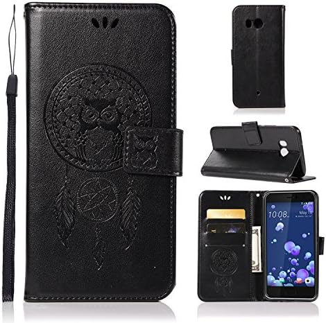 HTC U11 Case, ARSUE Shock Absorbing 3D Handmade Soft Flip Folio [Kickstand Feature] PU Leather Wallet Owl Dreamcatcher Case with ID&amp;Credit Card Pockets for HTC U 11 (2017),Black