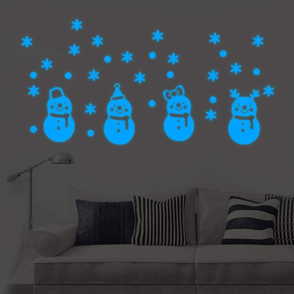 bdrsjdsb Christmas Snowman Snowflake Luminous Wall Sticker Window Ornaments Glow in Dark Bedroom Decal Gift Blue