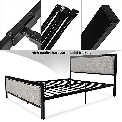 Amooly Upholstered Metal Platform Bed Frame/Riveted Headboard Footboard/Strong Steel Slat Support/Under Bed Storage,Queen,Gray - Thumbnail 4