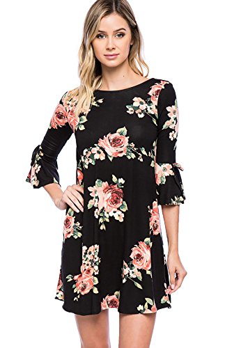 SHOPGLAMLA 3/4 Sleeve Round Neck Floral Bell Sleeves Open Back Elegant Dress Garden Sights Floral Black M