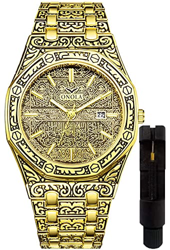 HUNRUY Retro Watches for Men Quartz Watches Tattoo Pattern Carved Stainless Steel Bracelet Waterproof Wrist Watch, Octagonal Gold, luxury