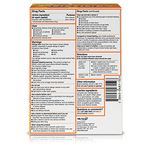 MOTRIN IB, IBUPROFEN 200MG TABLETS, NSAID PAIN & FEVER RELIEVER FOR HEADACHE, BACKACHE, MUSCULAR ACHES, ARTHRITIS PAIN RELIEVER, 50 TRAVEL PACKETS OF 2, 100 CT