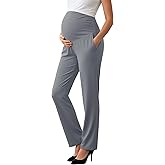 Sweetyweee Women's Maternity Pants Over The Belly Pregnancy Clothes for Work Stretchy Straight Dress Pants with Pockets