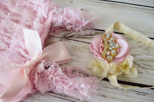 Sweetest Serenade Pink and Cream Princess Birthday Lace Petti Romper and Crown Headband Set