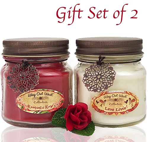 Romantic Jar Candles Scented Set of 2 - Soy Wax Blend- Fragrant, Romantic Rose & Lava Lovin' -Tropical Citrus- Best Gift Idea for Anniversary or Valentines Day - Made in USA by Way Out West Candles