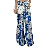 LOSRLY Women Floral Print High Waist Belt Palazzo Wide Leg Boho Pants Plus Size-Blue S 4 6