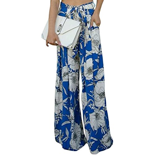 LOSRLY Women Floral Print High Waist Belt Palazzo Wide Leg Boho Pants Plus Size-Blue S 4 6