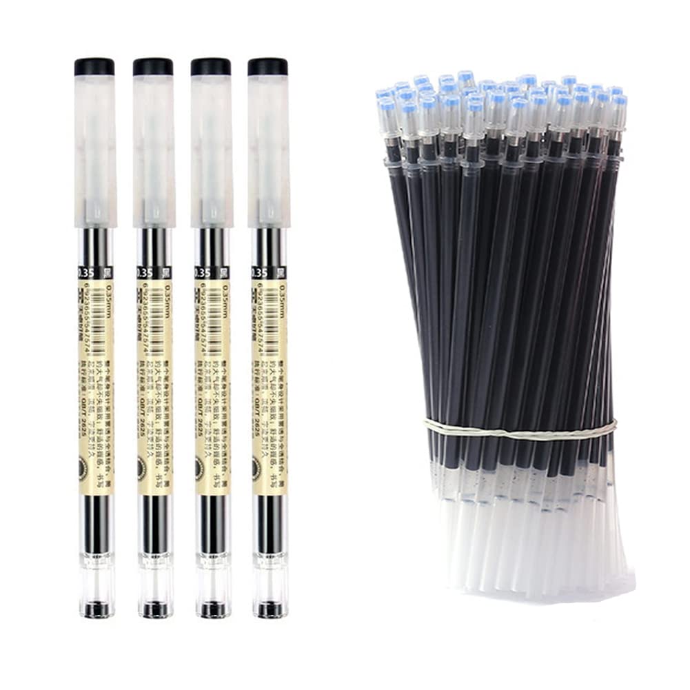 Gel Ink 0.35mm Extra Fine Ballpoint Pen Black Blue Red Ink 4pcs Pens 50pcs Refills Liquid Ink Rollerball Pens Quick-Drying (Black)