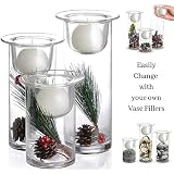 Hurricane Candle Holders with Replaceable Holiday Flowers - Set of 3 Glass Centerpieces for Christmas, Wedding, Home Decor, Parties and Anniversary - White Ball Candles Included